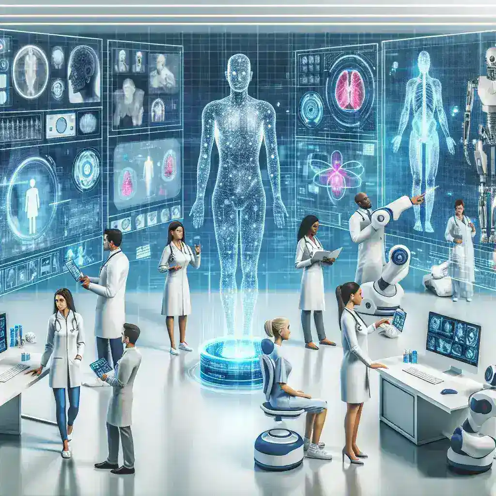 "Imagem ilustrativa de ferramentas de inteligência artificial aplicadas à saúde, destacando melhorias em diagnósticos médicos e otimização de fluxos de trabalho na área da saúde."