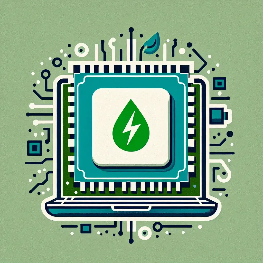 "CPU eficiente em energia ao lado de um laptop ultraleve, ilustrando como tecnologias avançadas permitem a produção de dispositivos mais leves e sustentáveis."