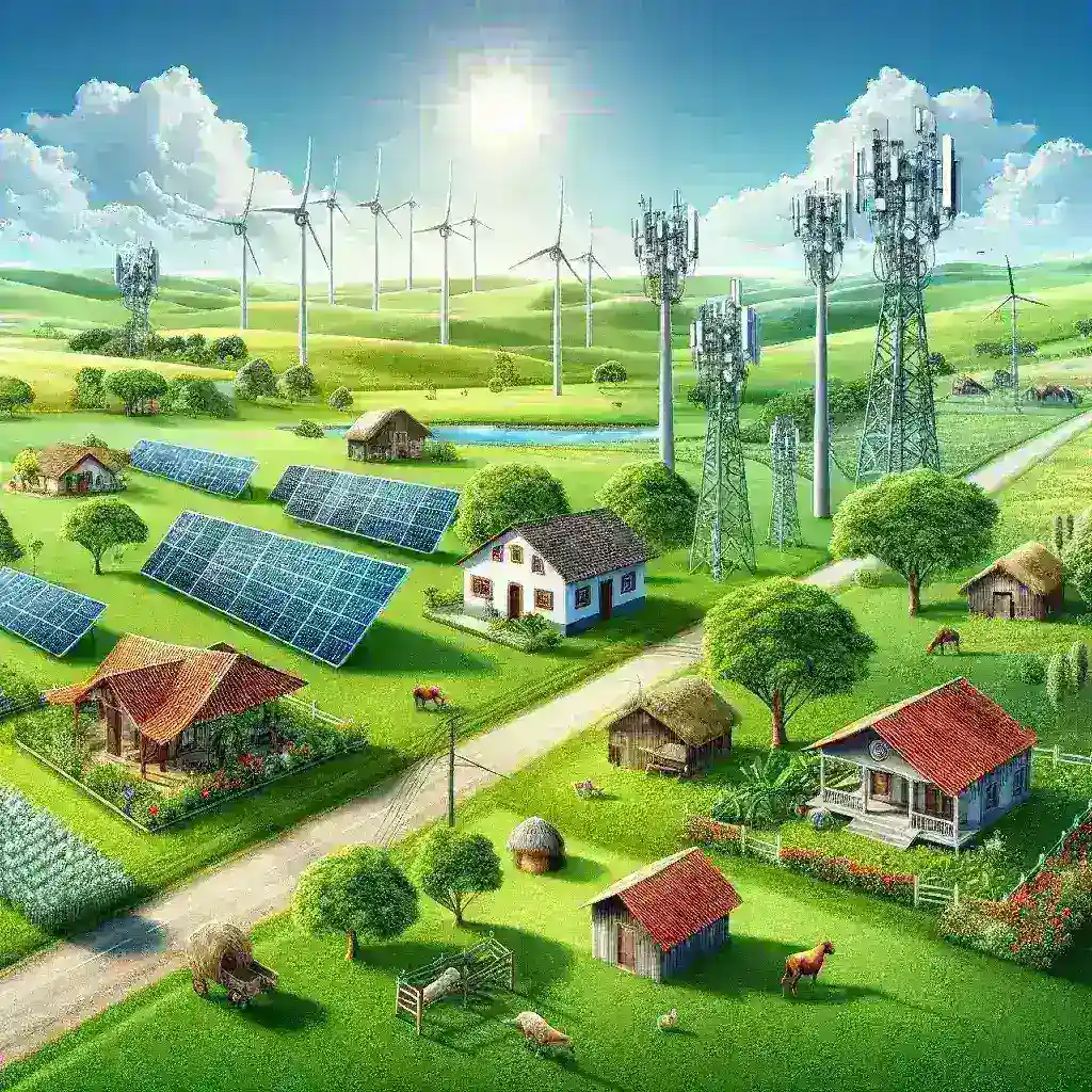 "Imagem de uma instalação de smart grid em uma zona rural do Brasil, mostrando painéis solares e postes de energia conectados, simbolizando a expansão da tecnologia de redes inteligentes em comunidades agrícolas."