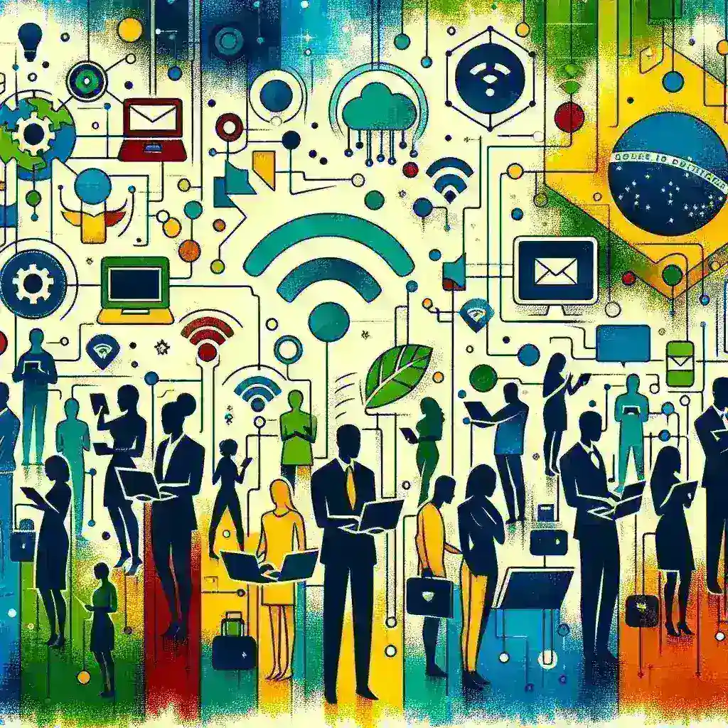 "Imagem ilustrativa de um grupo diversificado de pessoas utilizando dispositivos tecnológicos, simbolizando a inclusão digital no Brasil, em consonância com a proposta de políticas públicas para promover o acesso à tecnologia."