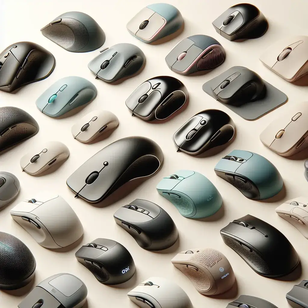 "Imagem de mouses ergonômicos com design moderno, ideal para proporcionar maior conforto e suporte durante o uso prolongado, apresentados em diferentes estilos e cores."