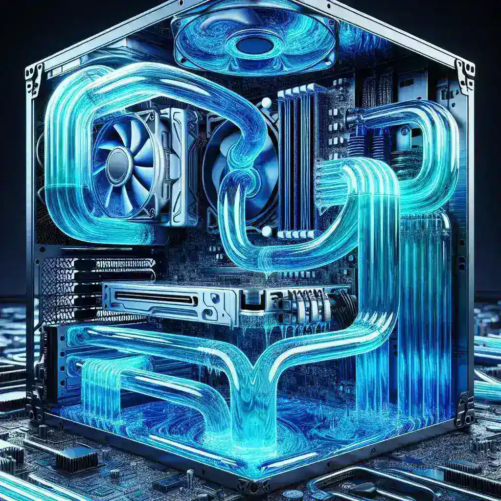"Imagem ilustrativa de um sistema de refrigeração líquida em um PC, destacando radiadores, tubulações e componentes principais, utilizada no artigo 'Tecnologia de Refrigeração Líquida em PCs: Tudo o que Você Precisa Saber'."