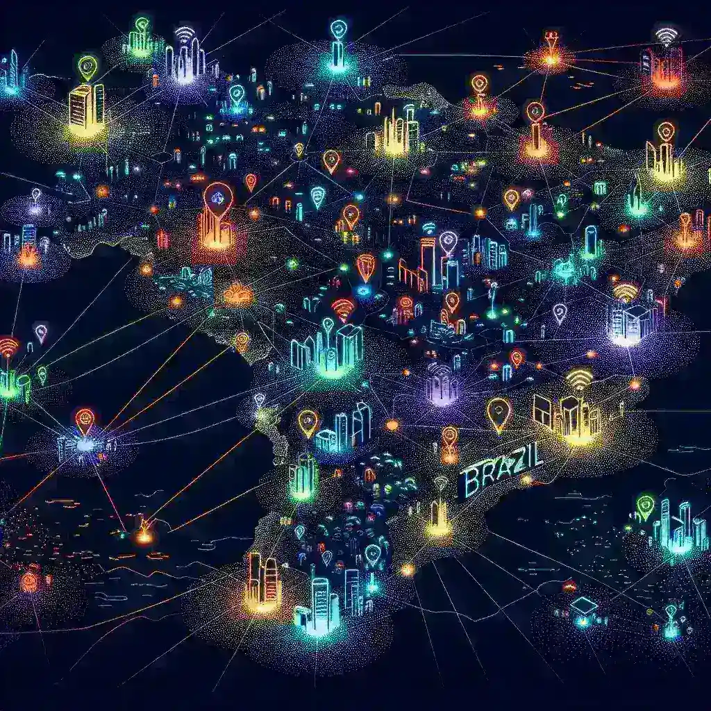 "Mapa interativo mostrando a variação da qualidade da internet nas cidades brasileiras, exemplificando dados de velocidade, estabilidade e acesso à rede em diferentes regiões do Brasil."