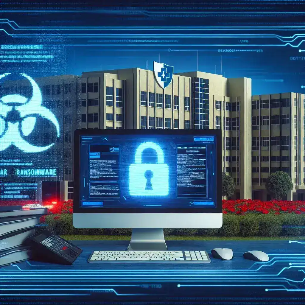 "Imagem de um hospital brasileiro com uma tela de computador mostrando um aviso de ransomware, ilustrando o aumento dos ataques cibernéticos contra instituições de saúde no Brasil."
