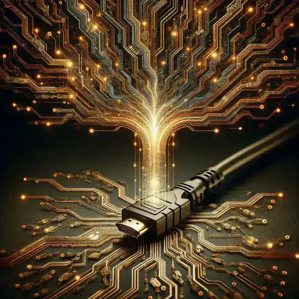 Alt text: "Infográfico detalhando os avanços dos padrões HDMI mais recentes, destacando características como maior largura de banda, suporte a resoluções 8K e recursos de áudio melhorados."